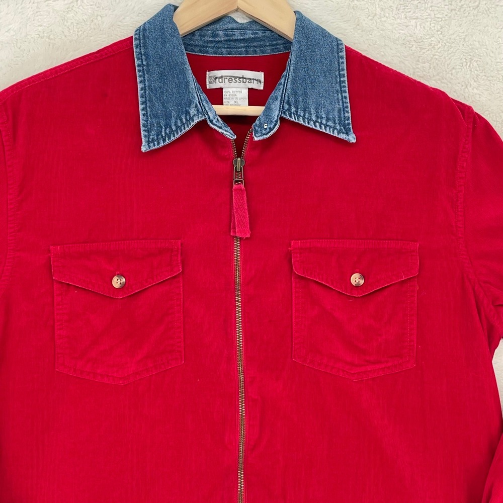 Vtg Red Corduroy Zip Up Shirt Jacket Denim Collar 90s XL